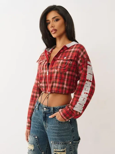 True Religion Women's Appliqué Shrunken Flannel Hoodie Top In Multi