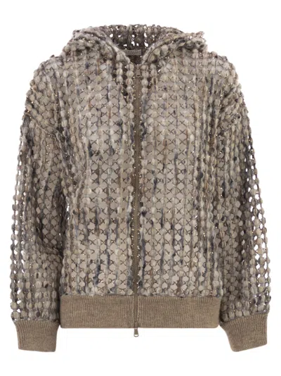 Brunello Cucinelli Perforated Wool Blend Cardigan With Sequins In Neutral