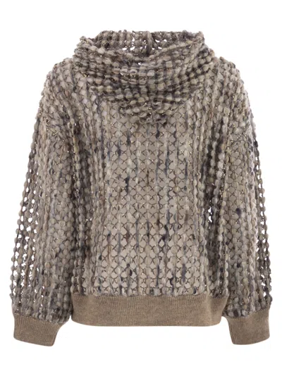 Brunello Cucinelli Perforated Wool Blend Cardigan With Sequins In Neutral