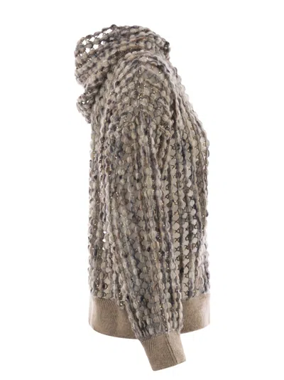 Brunello Cucinelli Perforated Wool Blend Cardigan With Sequins In Neutral