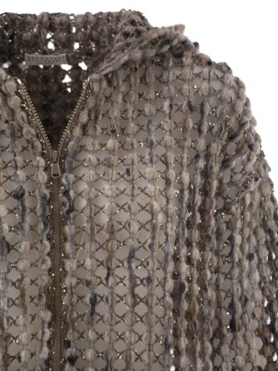 Brunello Cucinelli Perforated Wool Blend Cardigan With Sequins In Neutral