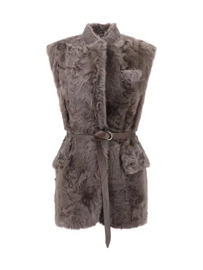 Brunello Cucinelli Leather-trimmed Belted Plush Fabric Gilet In Gray