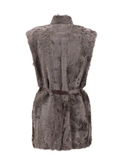 Brunello Cucinelli Leather-trimmed Belted Plush Fabric Gilet In Gray