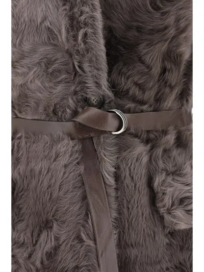 Brunello Cucinelli Leather-trimmed Belted Plush Fabric Gilet In Gray