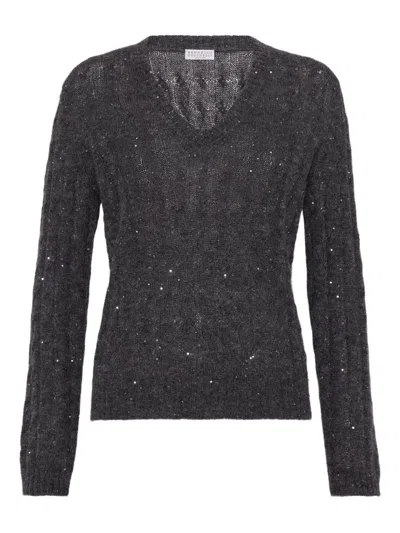 Brunello Cucinelli Textured Ribbed V-neck Sweater With Sparkling Details In Black