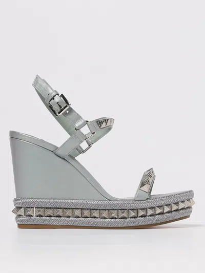 Christian Louboutin Pyraclou Metallic Spike Red Sole Wedge Sandals In Gray