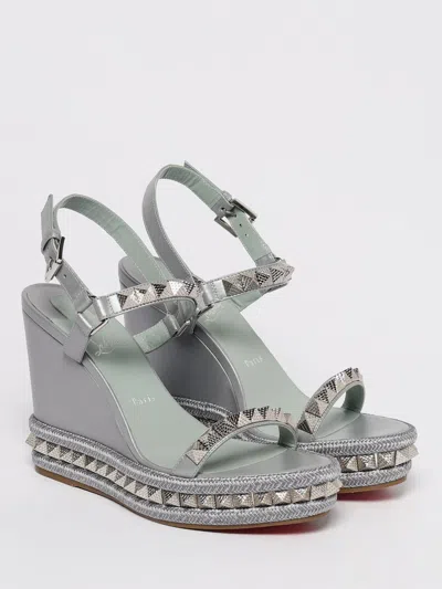 Christian Louboutin Pyraclou Metallic Spike Red Sole Wedge Sandals In Gray
