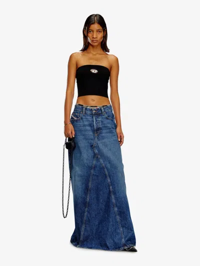 Diesel Cropped Strapless Top With Ribbed Design And Silver Cut-out In Black