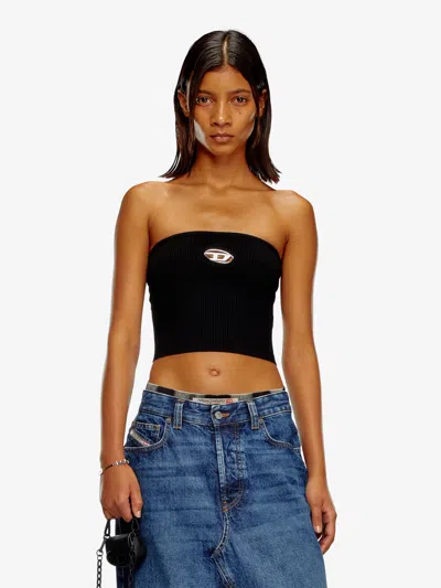 Diesel Cropped Strapless Top With Ribbed Design And Silver Cut-out In Black