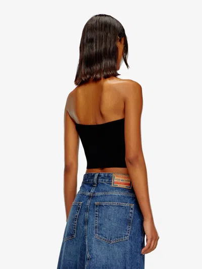 Diesel Cropped Strapless Top With Ribbed Design And Silver Cut-out In Black