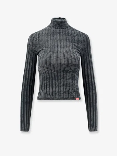 Diesel Stretch Cotton High Neck Long Sleeve Top In Multi