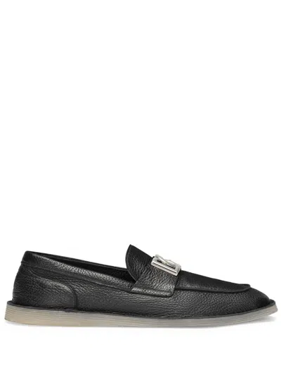 Dolce & Gabbana Slip-on Black Calf Leather Loafers With Deerskin Texture And Logo Plaque In Black