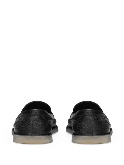 Dolce & Gabbana Slip-on Black Calf Leather Loafers With Deerskin Texture And Logo Plaque In Black