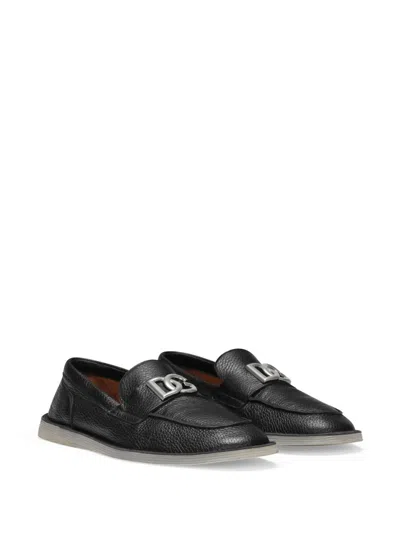 Dolce & Gabbana Slip-on Black Calf Leather Loafers With Deerskin Texture And Logo Plaque In Black