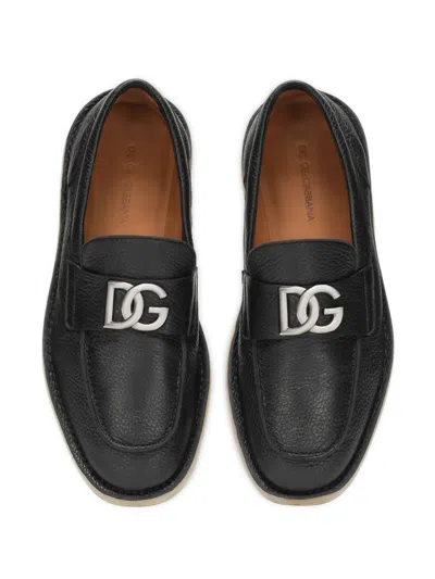 Dolce & Gabbana Slip-on Black Calf Leather Loafers With Deerskin Texture And Logo Plaque In Black