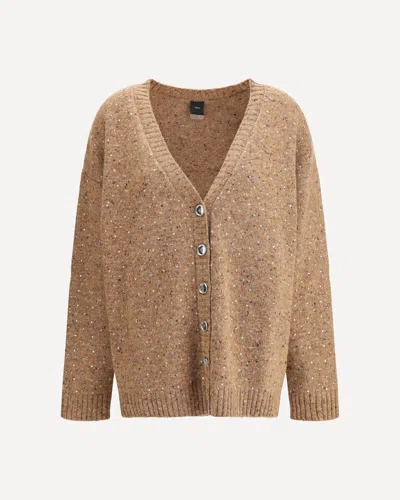 Pinko Bouclé Fabric Cardigan With Rhinestones In Brown