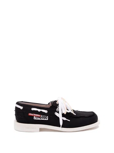 Dsquared2 D2 X Magliano Black Loafers With Logo Patch On The Side And Front Laces In Cotton Man In Multi