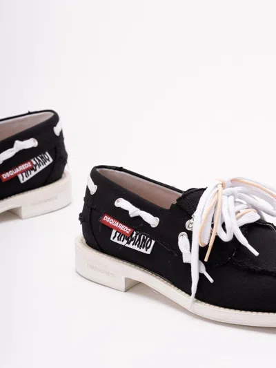 Dsquared2 D2 X Magliano Black Loafers With Logo Patch On The Side And Front Laces In Cotton Man In Multi