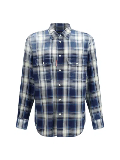 Dsquared2 Checked Pattern Shirt With Pockets And Collar In Blue