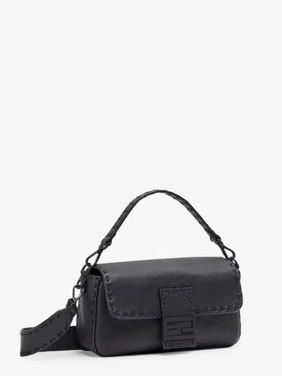 Fendi Men Baguette Leather Shoulder Bag With Selleria Stitchings In Black
