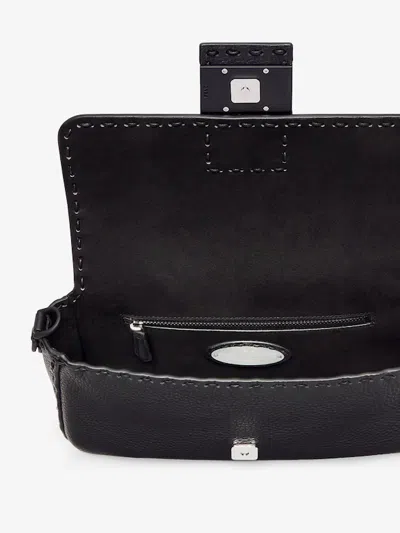 Fendi Men Baguette Leather Shoulder Bag With Selleria Stitchings In Black