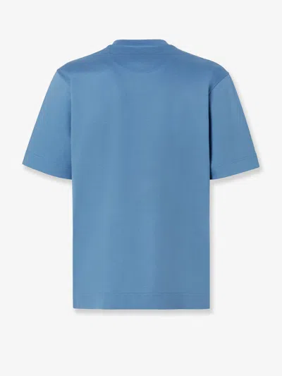 Fendi Men Blue Crew Neck T-shirt With Metallic Logo On The Front In Cotton Man In Multi