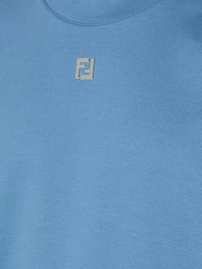 Fendi Men Blue Crew Neck T-shirt With Metallic Logo On The Front In Cotton Man In Multi