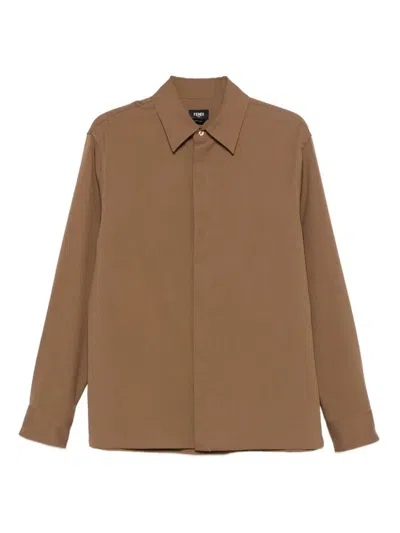 Fendi Men Wool Gabardine Shirt In Brown