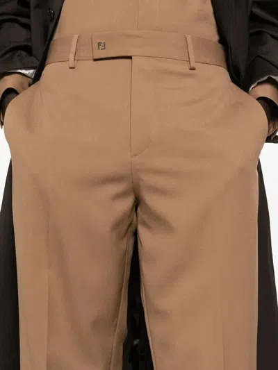 Fendi Men Beige Pants With Belt Loops And Ff Plaque On The Loop In Wool Woman In Brown