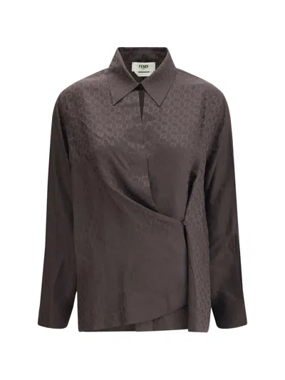 Fendi Women Silk Jacquard Shirt In Brown