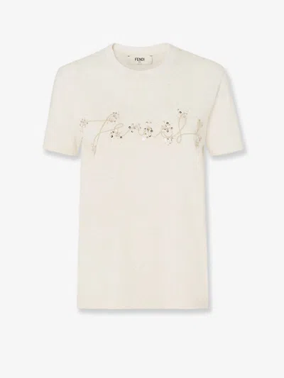 Fendi Beige Cotton And Linen T-shirt With Logo In Neutral