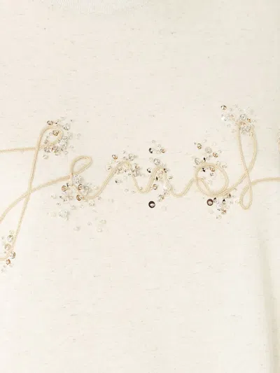 Fendi Beige Cotton And Linen T-shirt With Logo In Neutral