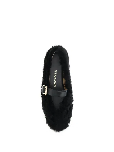 Ferragamo Shearling Ballet Flats In Black