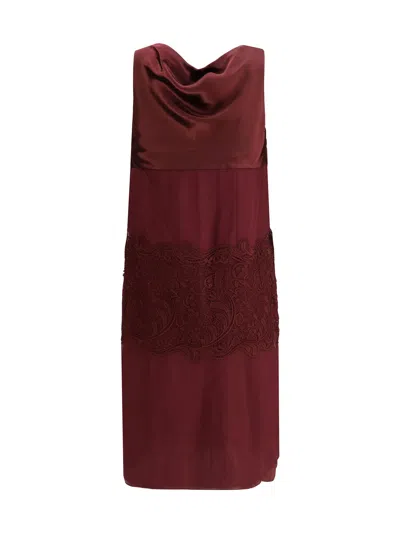 Ferragamo Cowl-neck Lace-insert Midi Dress In Red