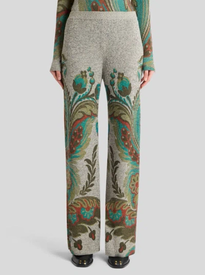 Etro , Ribbed Wool Trousers With Daffodil Print, Woman, Grey, Size 48 In Gray