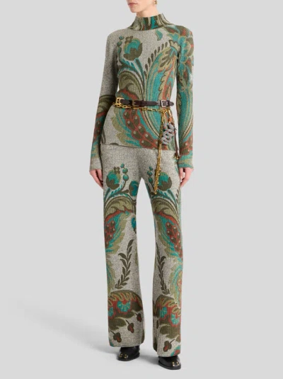 Etro , Ribbed Wool Trousers With Daffodil Print, Woman, Grey, Size 48 In Gray