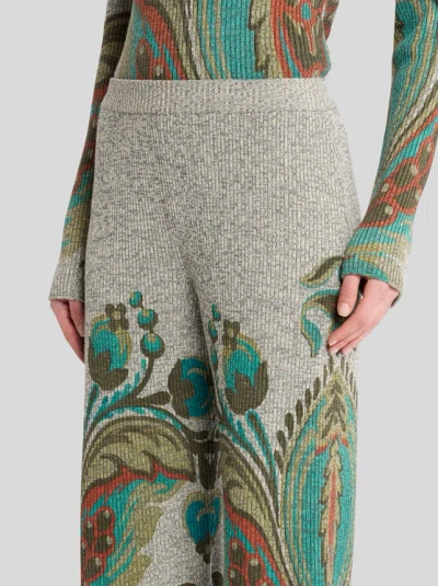 Etro , Ribbed Wool Trousers With Daffodil Print, Woman, Grey, Size 48 In Gray