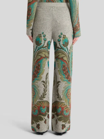 Etro , Ribbed Wool Trousers With Daffodil Print, Woman, Grey, Size 48 In Gray