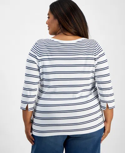Style & Co Plus Size Printed Pima Cotton 3/4-sleeve Top, Exclusively At Macy's In White