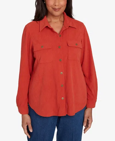 Alfred Dunner Petite Sunset Canyon Plush Ribbed Oversized Button Front Top In Red