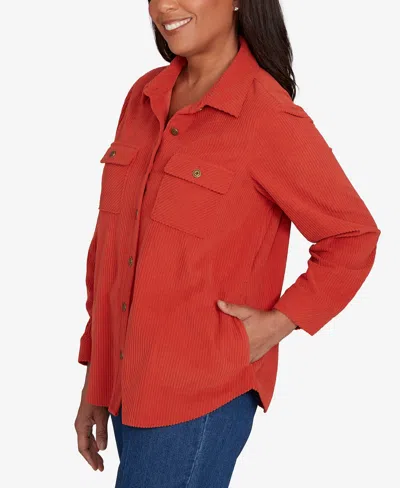 Alfred Dunner Petite Sunset Canyon Plush Ribbed Oversized Button Front Top In Red