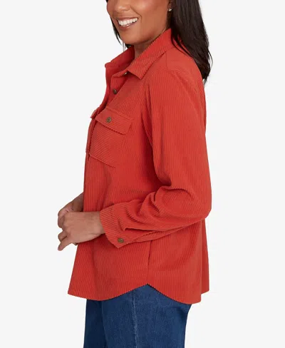 Alfred Dunner Petite Sunset Canyon Plush Ribbed Oversized Button Front Top In Red