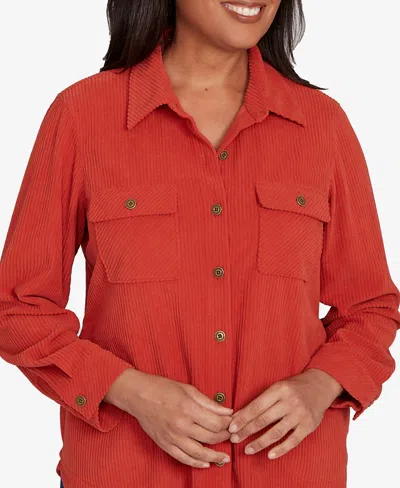 Alfred Dunner Petite Sunset Canyon Plush Ribbed Oversized Button Front Top In Red