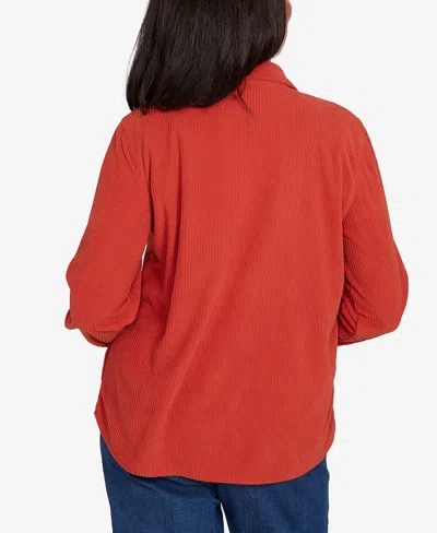 Alfred Dunner Petite Sunset Canyon Plush Ribbed Oversized Button Front Top In Red