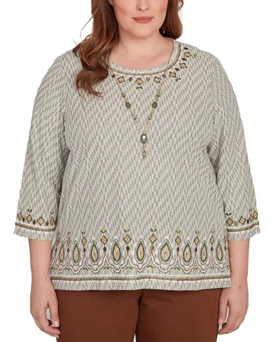 Alfred Dunner Plus Size Mount Laurel Textured Medallion Bordered Top With Necklace In Green