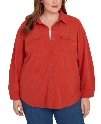 Alfred Dunner Plus Size Sunset Canyon Plush Ribbed Oversized Button Front Top In Red