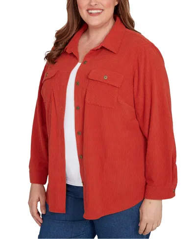 Alfred Dunner Plus Size Sunset Canyon Plush Ribbed Oversized Button Front Top In Red