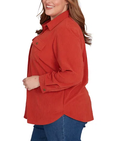 Alfred Dunner Plus Size Sunset Canyon Plush Ribbed Oversized Button Front Top In Red