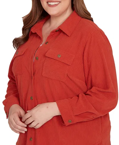 Alfred Dunner Plus Size Sunset Canyon Plush Ribbed Oversized Button Front Top In Red