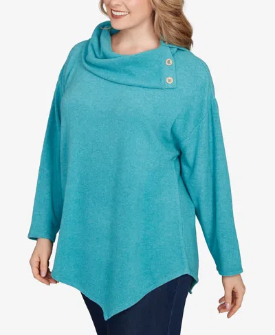 Ruby Rd. Plus Size Heather Cozy Knit Split Cowl Top In Blue